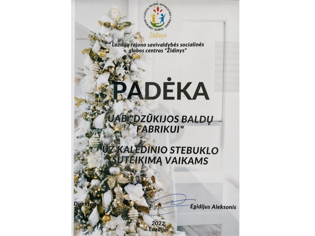 Mums įteikta padėka už kalėdinę iniciatyvą