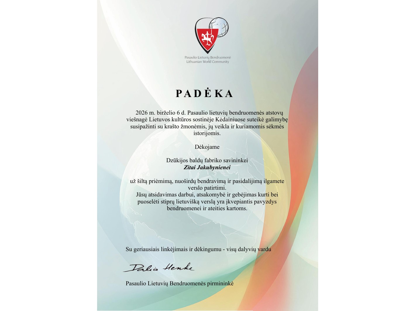 Pasaulio lietuvių bendruomenės padėka